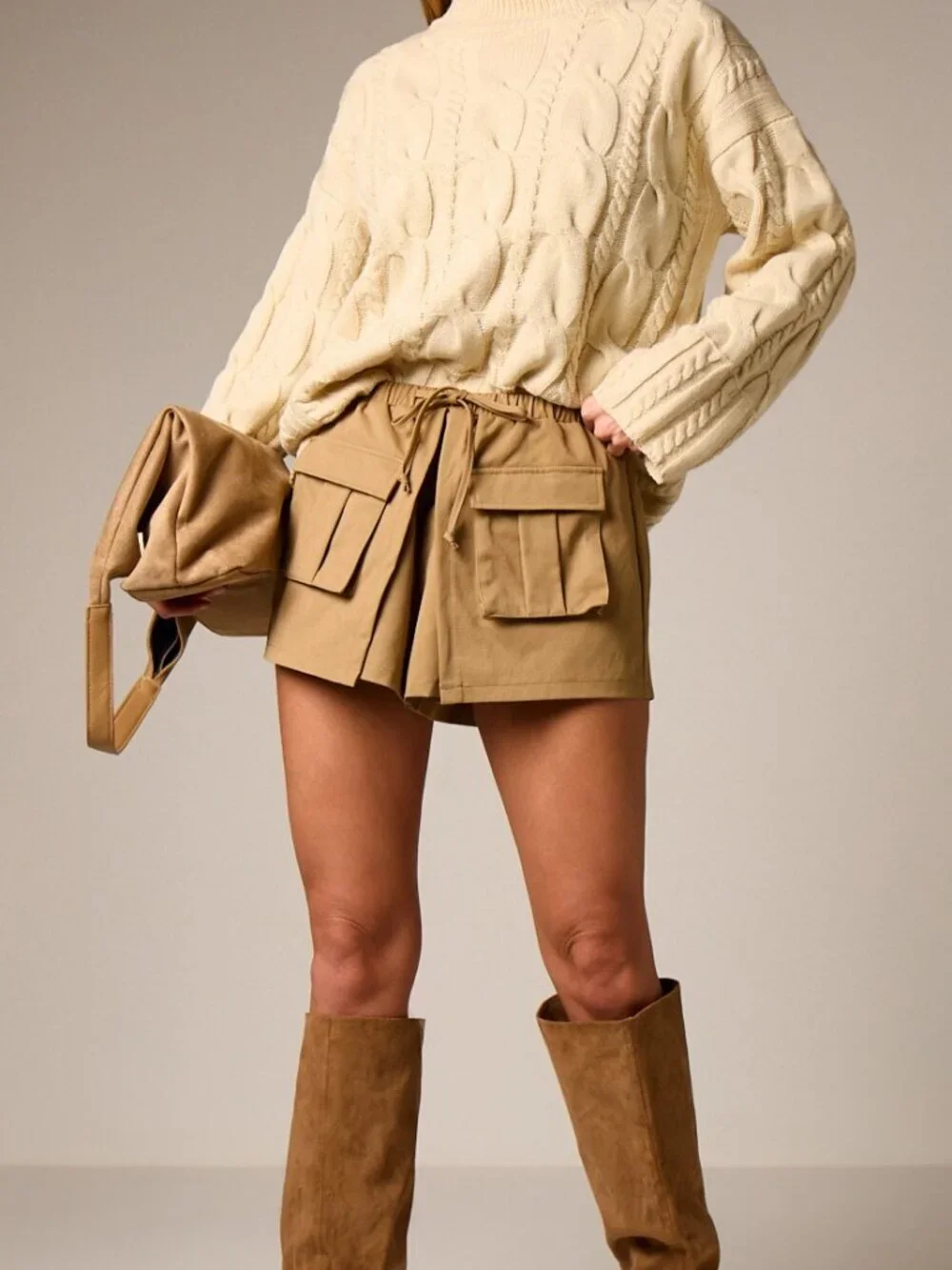 Khaki Casual Women's Waist Shorts with Cargo Pockets and Drawstring Waistband